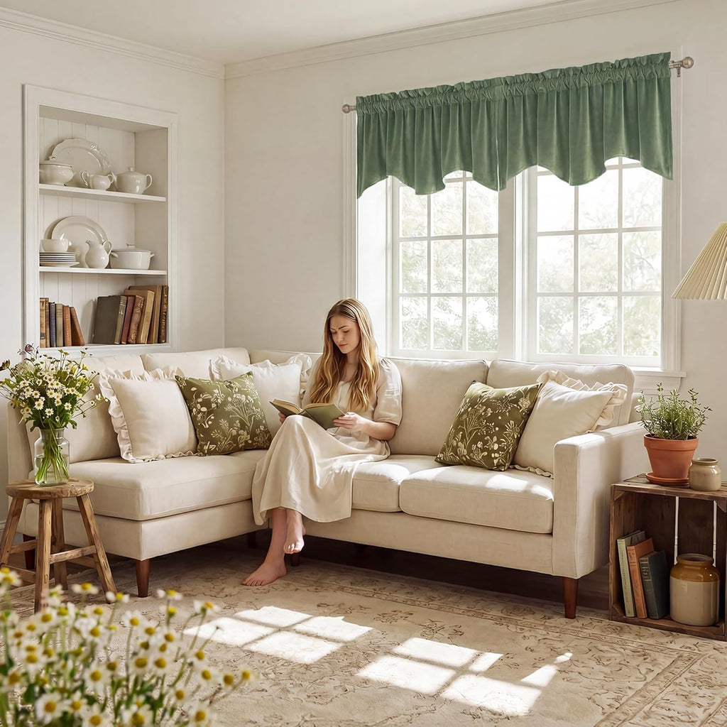 Sage Green Valance for Windows, Soft Wavy Sage Kitchen Curtains, Aesthetic Window Treatment , 52x18 Inch, 1 Panel