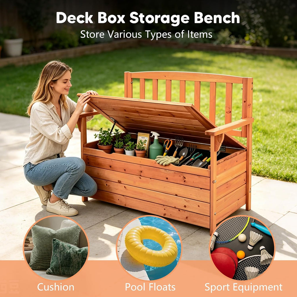 80 Gallon Outdoor Storage Bench Deck Box, Wooden Patio Bench with Armrests & Inner Removable DustProof Lining for