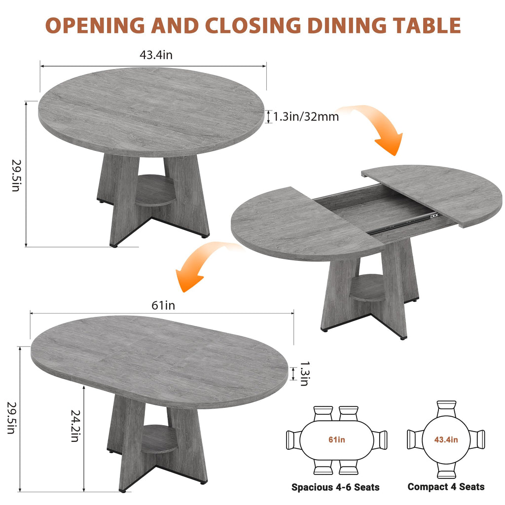 Extendable Dining Table, Round Kitchen Dining Room Dinner Table with for 4 6 8 People, Space Saving Modern Oval