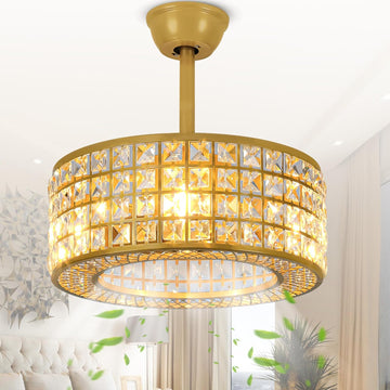 18" Crystal Caged Ceiling Fan with Light, Modern Industrial Chandelier with Remote, 3 Speed & 3 Color Temperatures