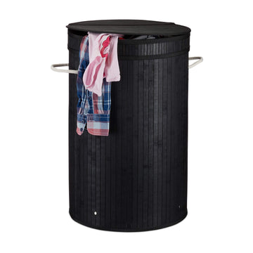 Lidded Laundry Hamper, Round Clothes Sorter, 65 litres, XXL Stand, Black, Standard