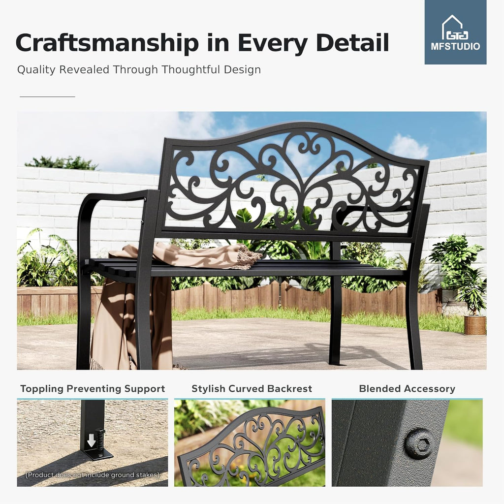 43.7 Inches Cast Iron Outdoor Garden Bench, Floral Backrest, Black | E-Coating Anti-rust Finish, Weatherproof Outdoor