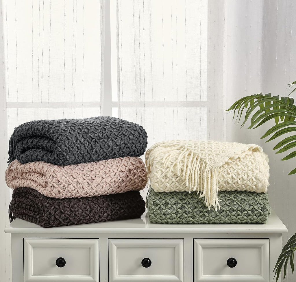 Farmhouse Boho Knitted Throw Blanket, Soft Warm Cozy Light Weight for Spring Summer Fall (50''X60'' Sage Green)