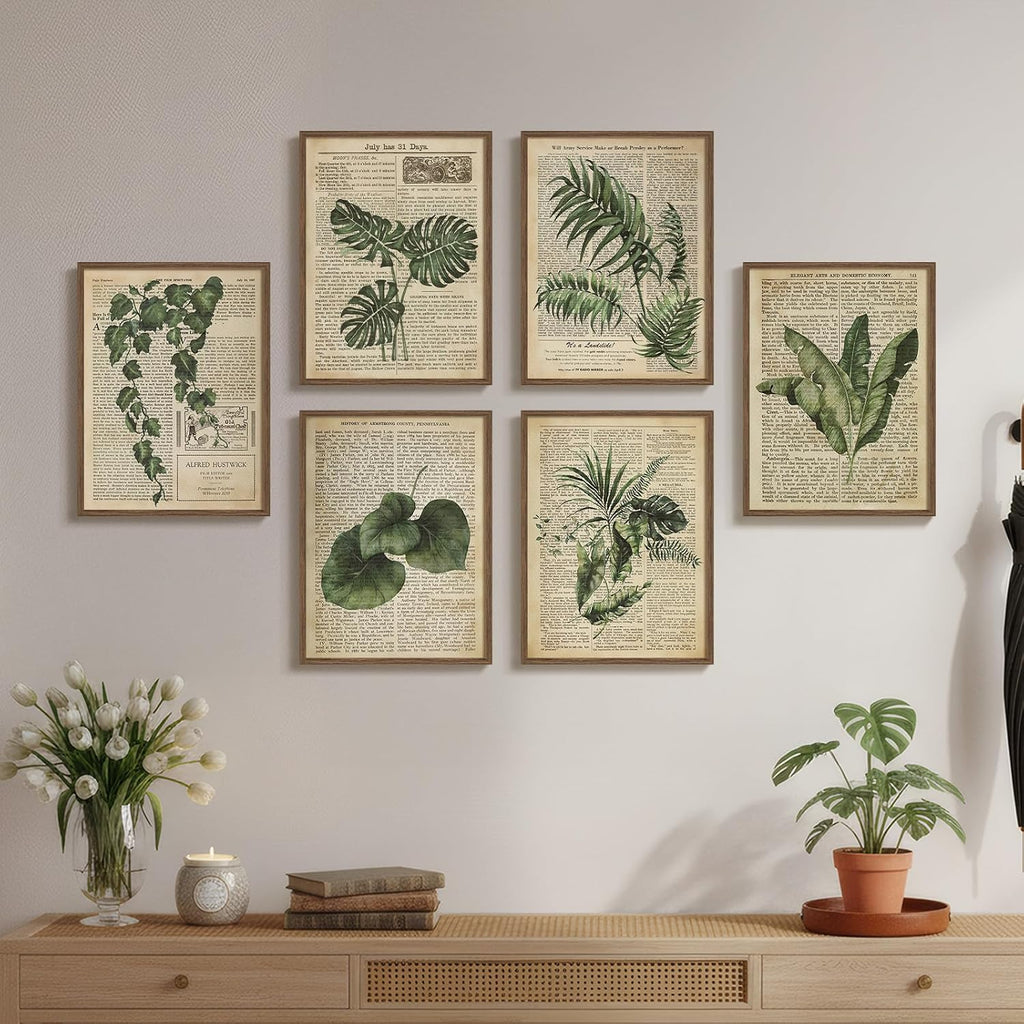 Framed Vintage Botanical Wall Art, Set of 6 Green Leaf and Fern Canvas Painting Prints, Rustic Farmhouse Plant