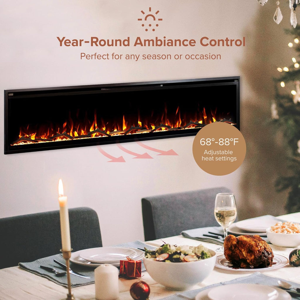 Modern Ember Aerus 72 Inch Smart Linear Electric Fireplace | Recessed in-Wall or Wall-Mount | LED Multiple Flame