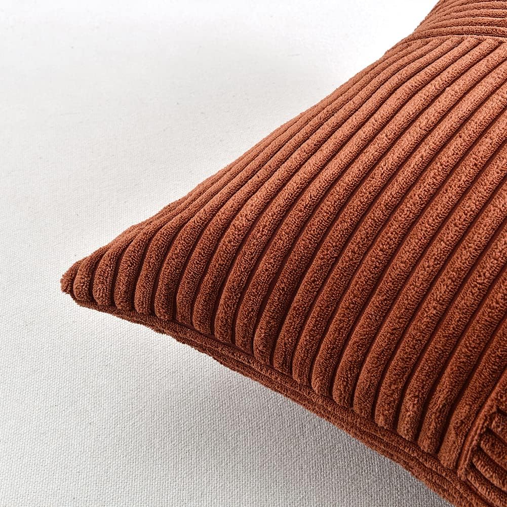 Rust Lumbar Decorative Throw Pillow Covers 12x20 Inch, Rustic Farmhouse Boho Home Decor, Soft Striped Corduroy