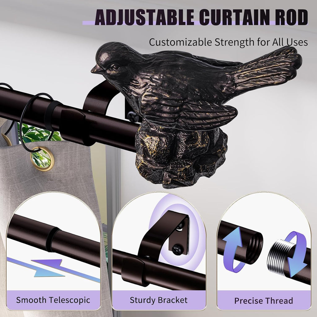 Curtain Rods Vintage Oil Bronze Curtain Rods for Windows Adjustable Drapery Rod with Bird Finials
