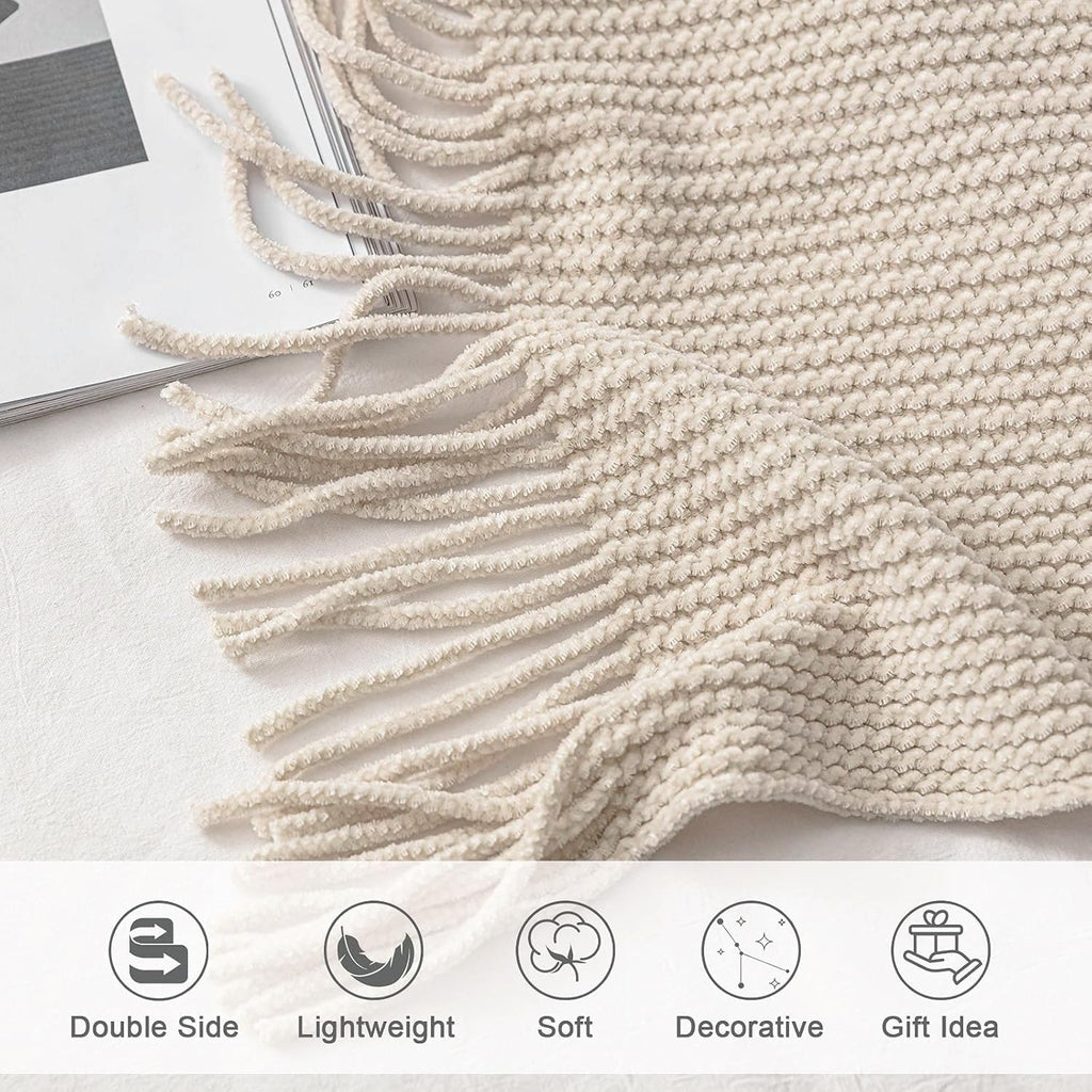 Chenille Throw Blanket 50x60 - Soft Boho Knitted Blanket, Lightweight All Season White/Cream Blanket, Decorative