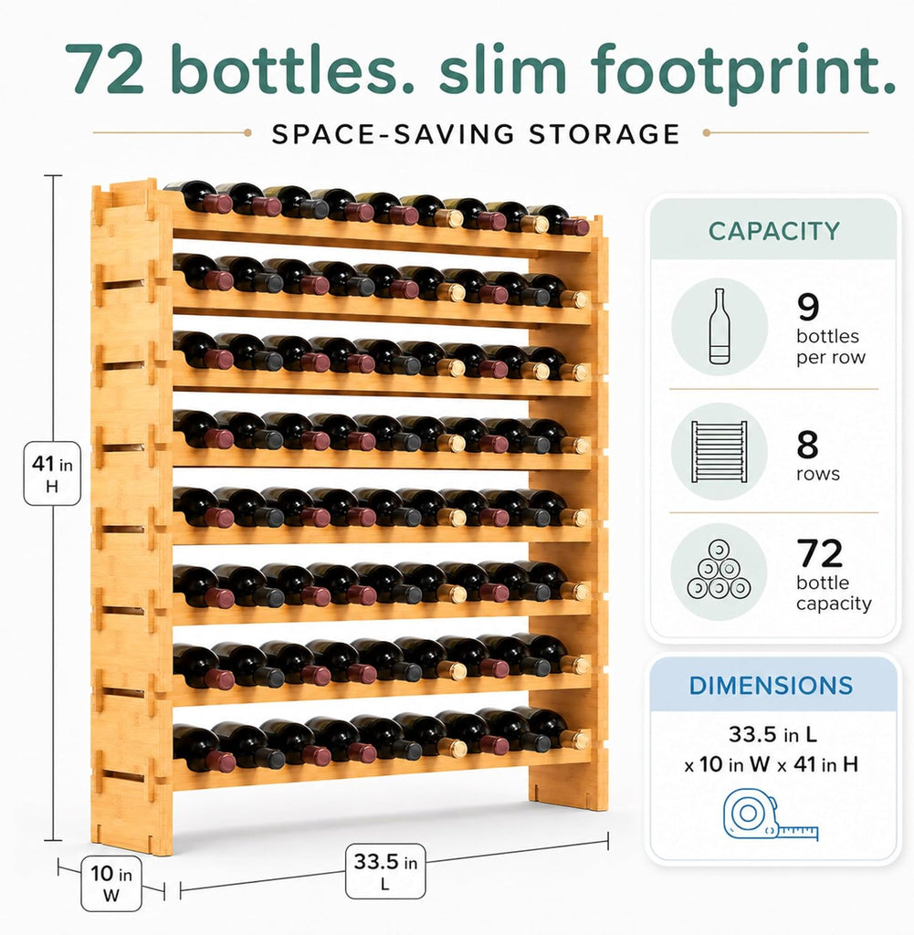 72 Bottle Wine Rack Stackable Bamboo Freestanding, 8-Tier Modular Shelf, Sturdy Wobble Free, Upgraded 2026 Design