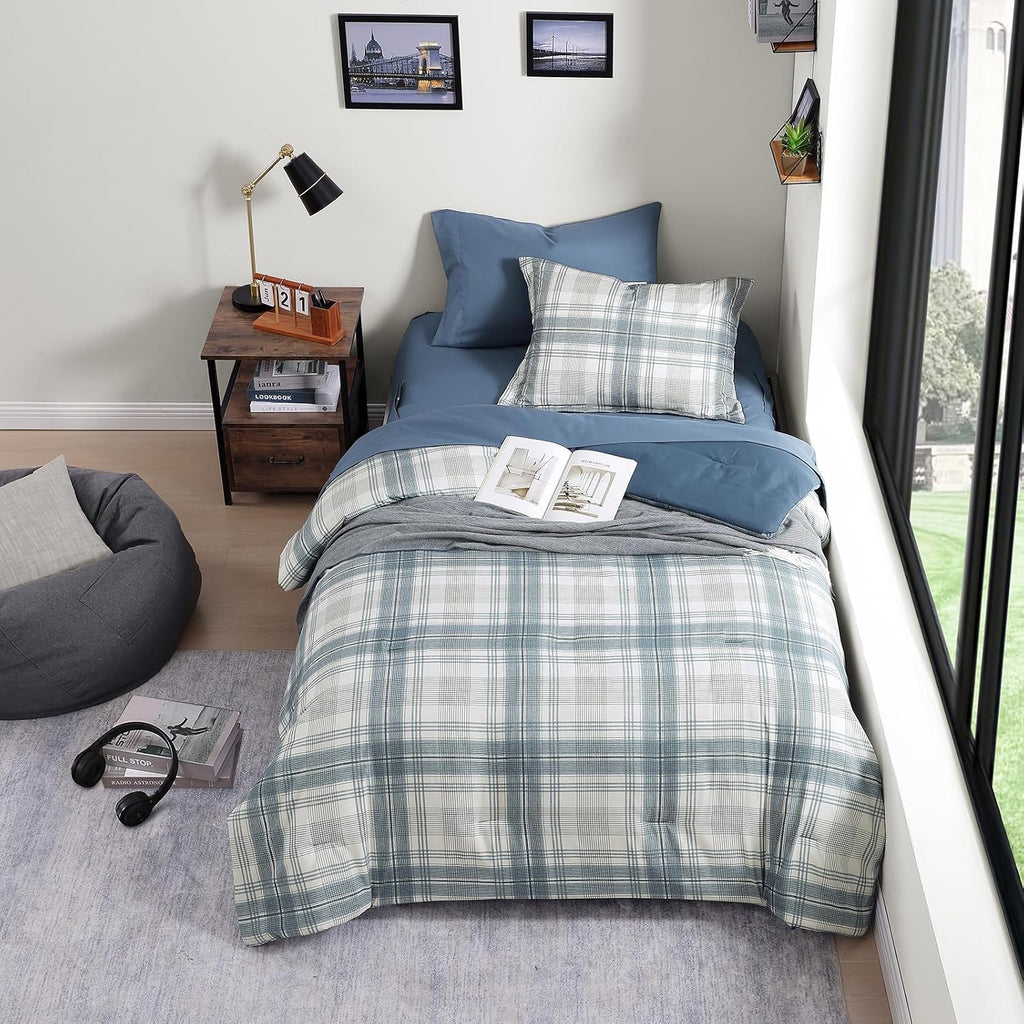 Plaid Twin XL Comforter Set Blue Grey 5 Pieces College Dorm Bed in a Bag - Set of 5