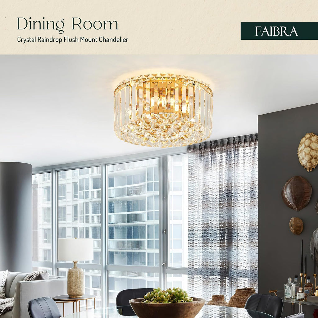 12.6" Gold K9 Crystal Raindrop Flush Mount Ceiling Light, Modern Chandelier, Round Luxury Light Fixture