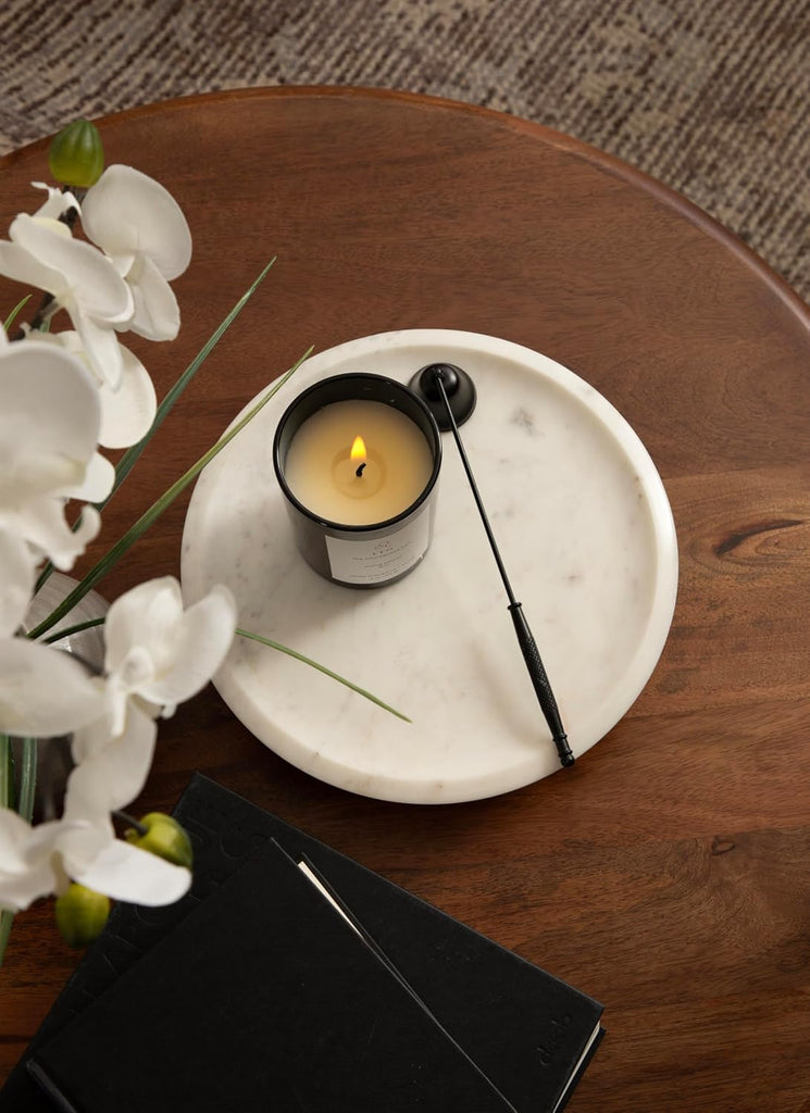 Sevienne Modern Glam Round Marble Tray, 10 Inch Diameter, White and Gold, Contemporary Scooped Pedestal Tray for Use