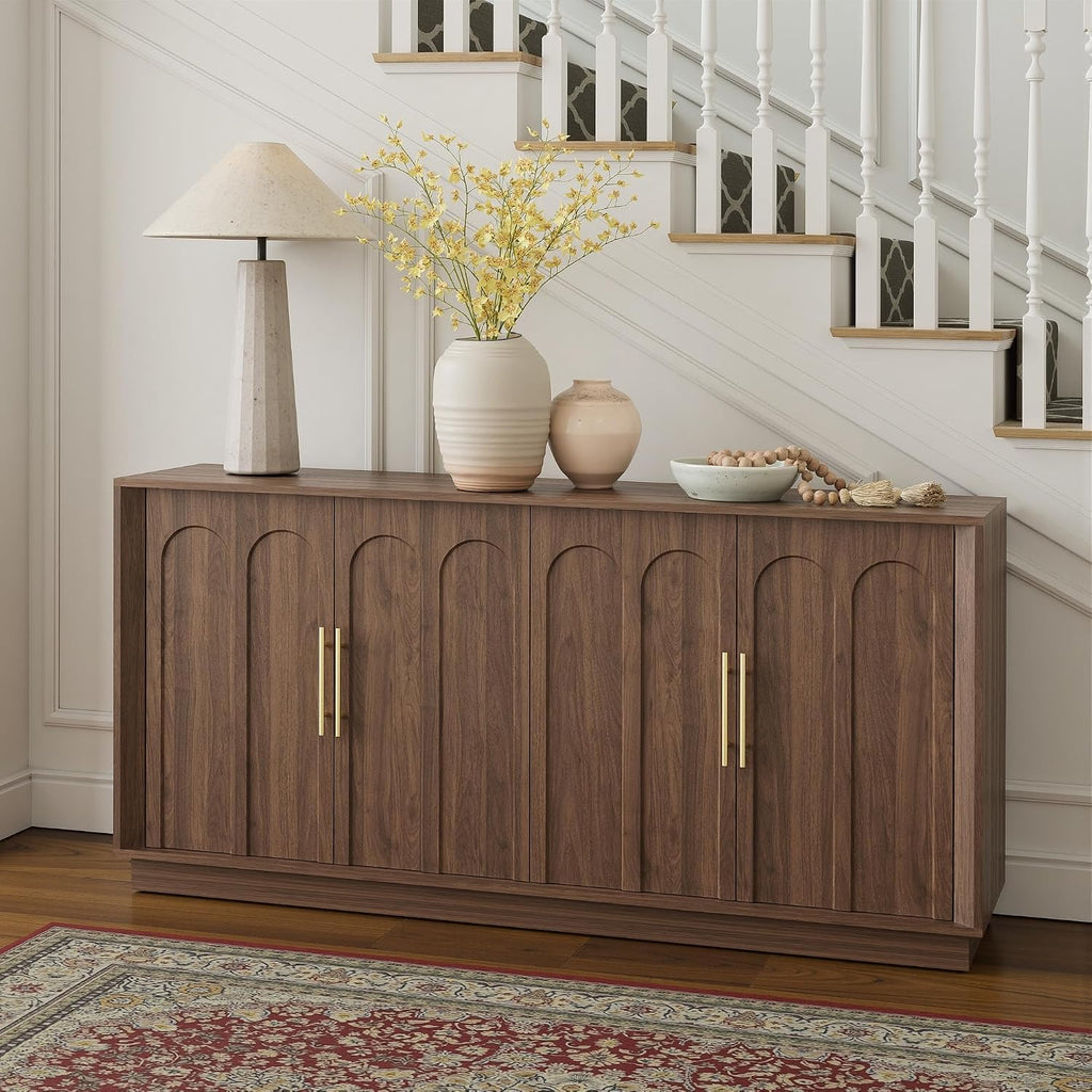 67" Sideboard Buffet Cabinet with Storage, Arched Doors, Walnut | Mid Century Modern Accent Cabinet with Wood Gain