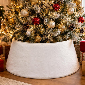 Christmas Tree Collar, 28 Inches Silky Fur White Tree Skirt with Plastic Stand for 6FT Trees, Boho Christmas Decor