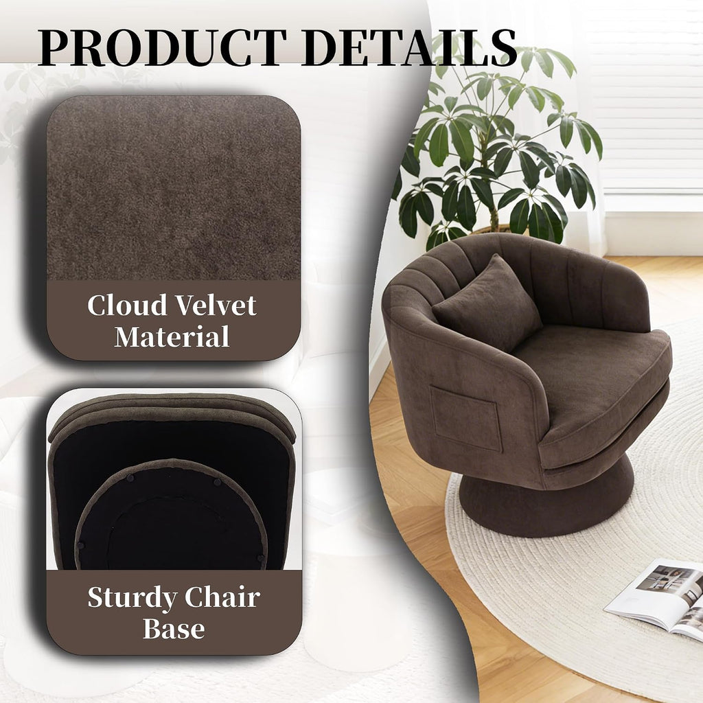 360° Swivel Barrel Chair with Side Pocket & Pillow Set of 2, Cloud Velvet Modern Swivel Accent Chair with Curve Back