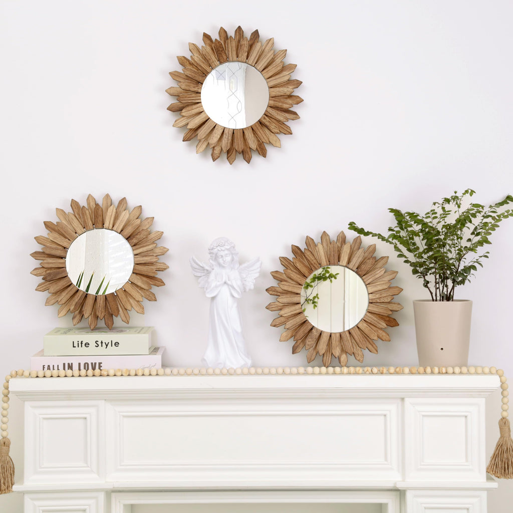 Boho Wall Decor Sunburst Mirror 3 Pack Rustic Round Wood Mirror 12 inch Boho Mirror Home Decor Farmhouse Room