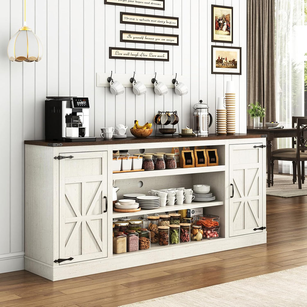 75" Farmhouse TV Stand with Power Outlets for 85 Inch TVs, 33" Tall Entertainment Center with Storage Cabinets