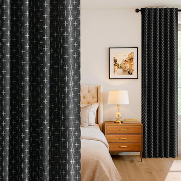 100% Blackout Decorative Linen Curtains with Geometric Pattern, Thick Woven Farmhouse Rustic Patterned Drapes with Back Tab for Bedroom and Living Room, Black, 2 Panels