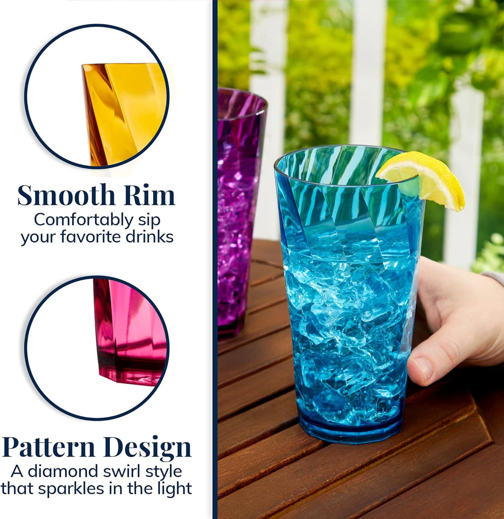 Optix Plastic Reusable Drinking Glasses (Set of 8) 20oz Water Cups in Jewel Tone Colors | BPA-Free Tumblers, Made in
