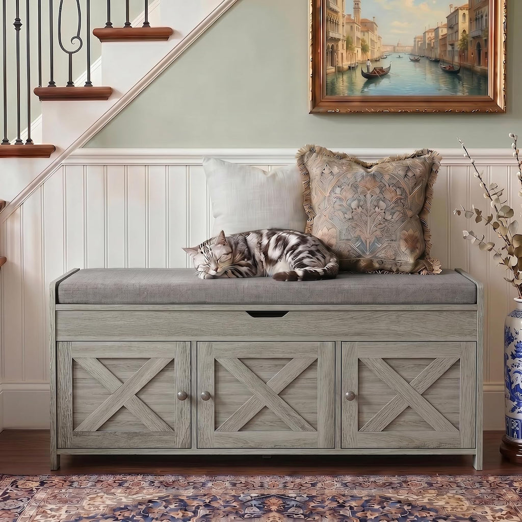 Shoe Storage Bench with Seating, Farmhouse Entryway Bench with Shoe Storage and Cushion, Under Window Benches Wooden