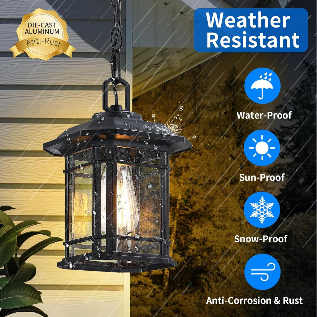 Outdoor Pendant Lights for Porch, Black Exterior Hanging Lanterns, Farmhouse Ceiling Light Fixture