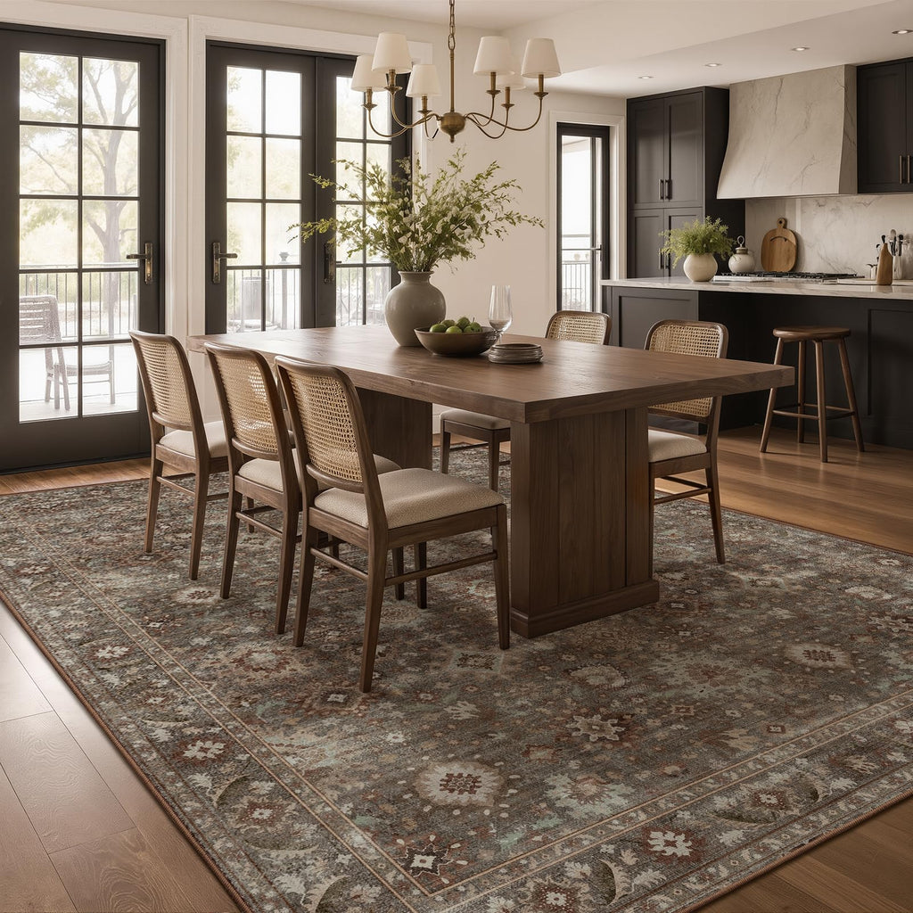 Dark Taupe Oushak Washable Rugs Bedroom, Brown