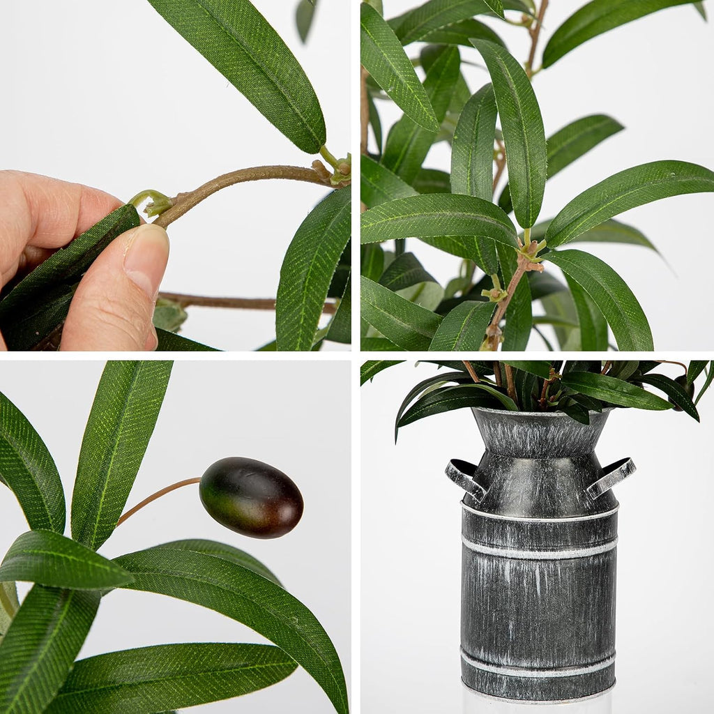 Artificial Olive Branches with Rustic Metal Vase 19in Realistic Faux Olive Greenery Stems Faux Potted Plant Room