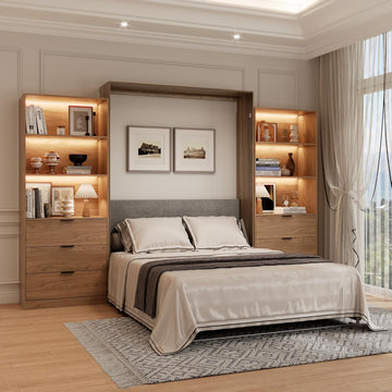 Queen Murphy Bed,Farmhouse Guest Beds,Folding Wall Bed with Hydraulic Bar,64" W Twin Murphy Beds with 2 LED Storage
