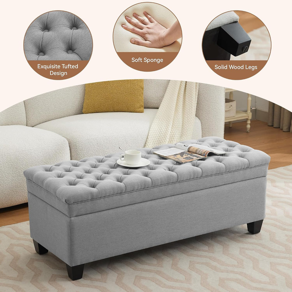 51" Fabric Storage Ottoman Bench, Upholstered Rectangle End of Bed Storage Ottoman Tufted Living Room Bedroom Bench