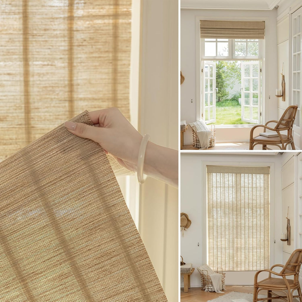 Bamboo Roman Shades, Easy Installation Oatmeal Woven Wood Shades, Cordless Custom Blackout Bamboo Window Shades for Doors Windows