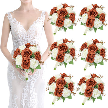 Artificial Bridesmaid Bouquets Set of 6 - Wedding Bouquet Burnt Orange Rose White Babys Breath 7 Inch Flower Bride