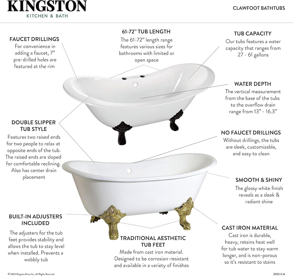 Aqua Eden VCTND6728NH1 Cast Iron Double Slipper Clawfoot Bathtub Chrome Feet without Drillings, 67-Inch, White