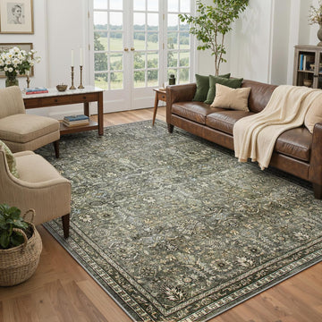 Olive Green Area Rugs 9x12 Living Room, Moody Floral Washable Rug