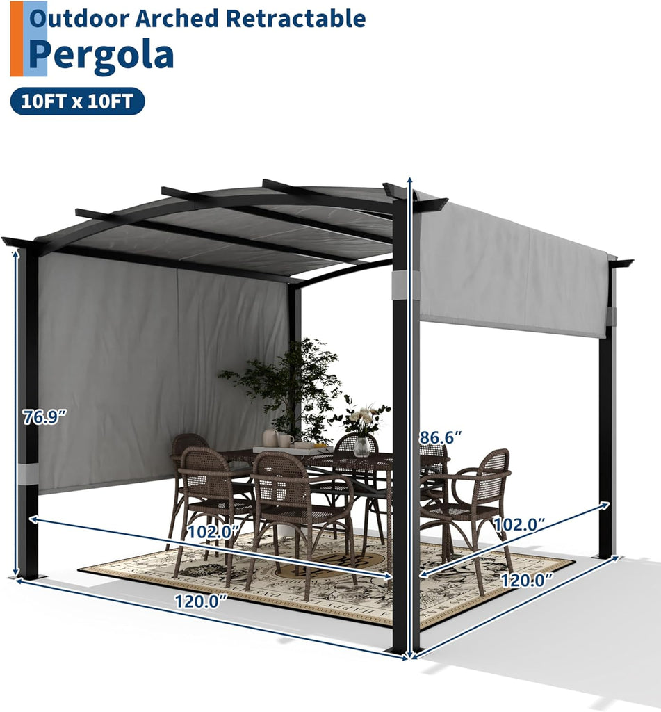 10 ft x 10 ft Outdoor Arched Pergola, Metal Gazebo with Retractable Sun Shade for Backyards, Lawn