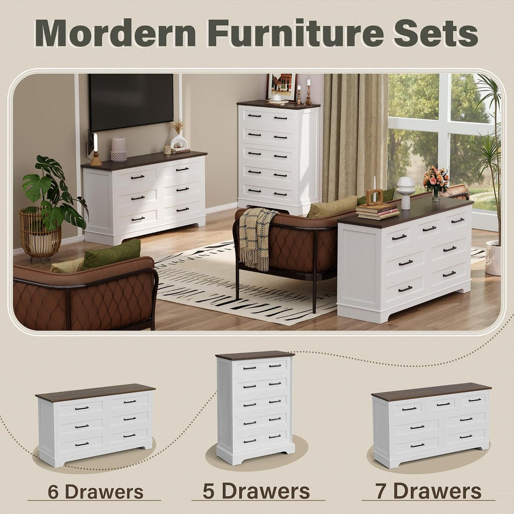 Tall Dresser ,Farmhouse 5 Drawers Dresser, Chest of Drawer Chest, Multi-Tier Clothing Storage Cabinet, White and Brown
