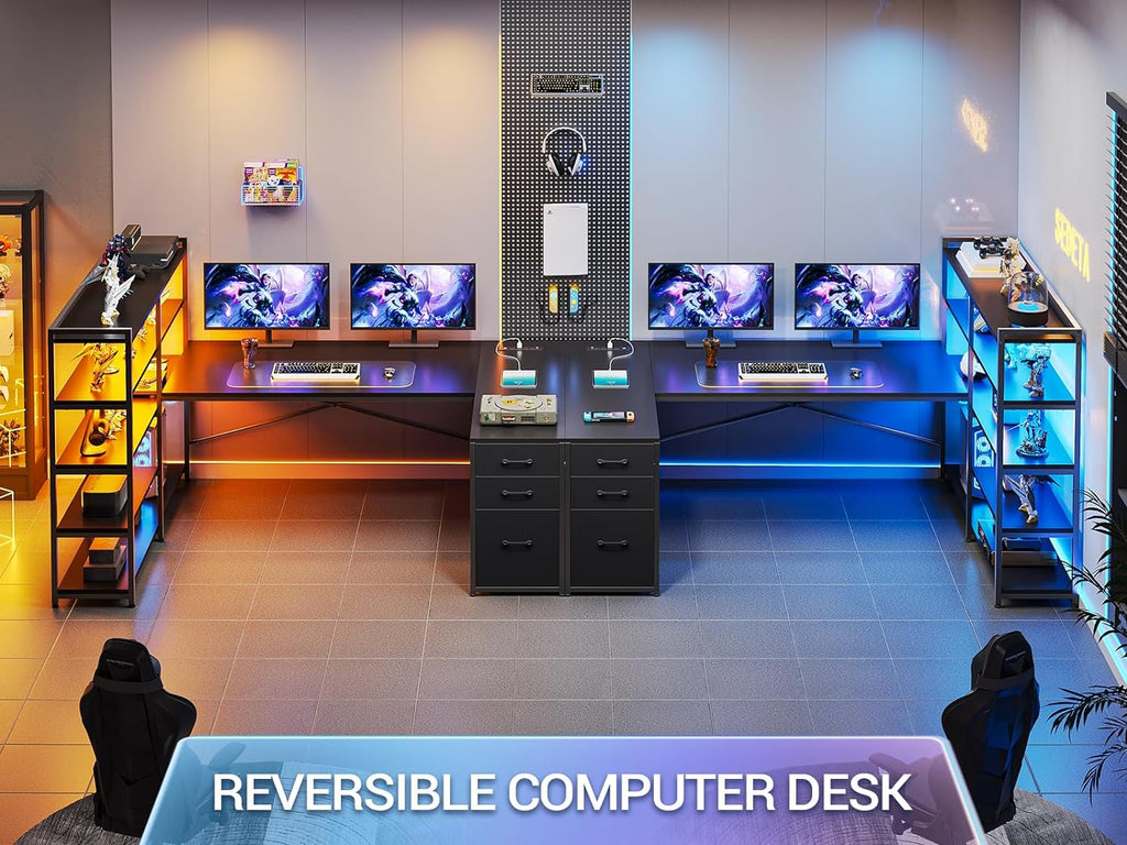 64.5" Reversible L Shaped Gaming Desk with Storage Drawers, Shelves