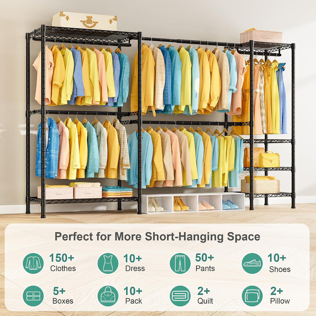 E01 Expandable Heavy Duty Clothes Rack, Free Standing Closet System | 72.5-96" Adjustable Portable Garment & Clothing
