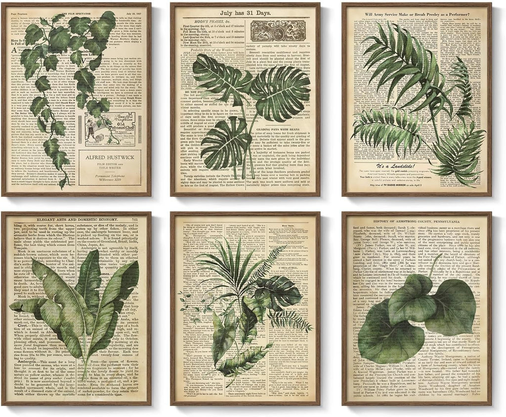 Framed Vintage Botanical Wall Art, Set of 6 Green Leaf and Fern Canvas Painting Prints, Rustic Farmhouse Plant