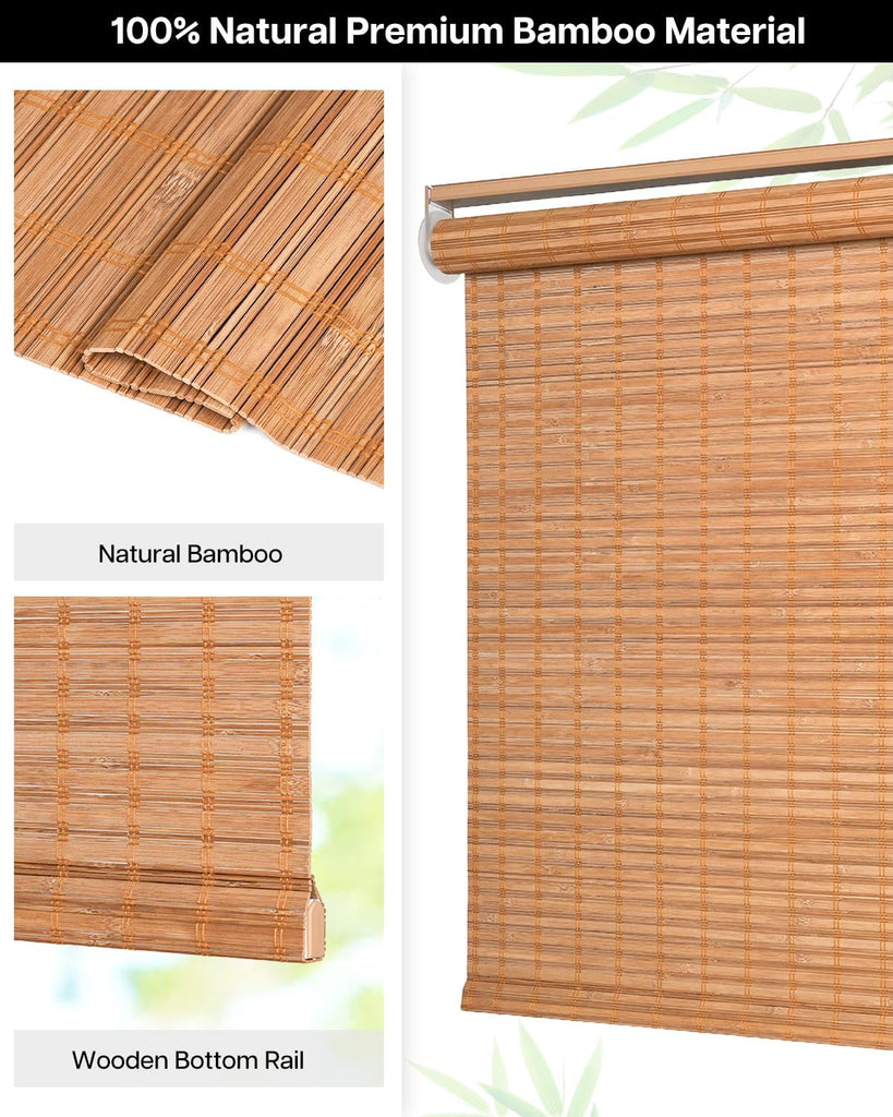 Cordless Bamboo Roller Shades, 34" W x 70" H, Squirrel