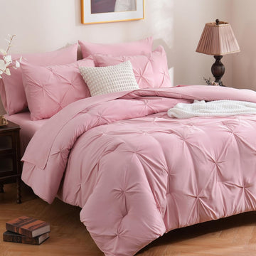 7 Pieces Pink Comforter Set, Pintuck Pinch Pleat Bed in a Bag