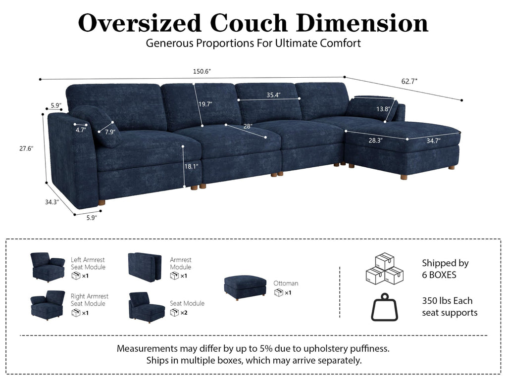 Oversized Modular Sectional Sofa L-Shaped Cloud Couches Blue