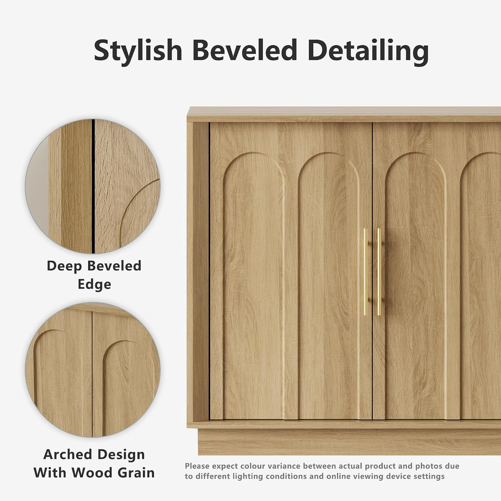 67" Sideboard Buffet Cabinet with Storage, Arched Doors, Oak | Modern Minimalist Accent Cabinet with Wood Gain, Boho