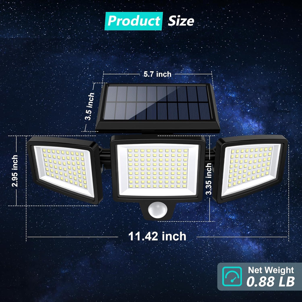 Solar Outdoor Lights 2500LM 210 LED Security Lights with Remote Control,3 Heads Motion Sensor Lights, IP65