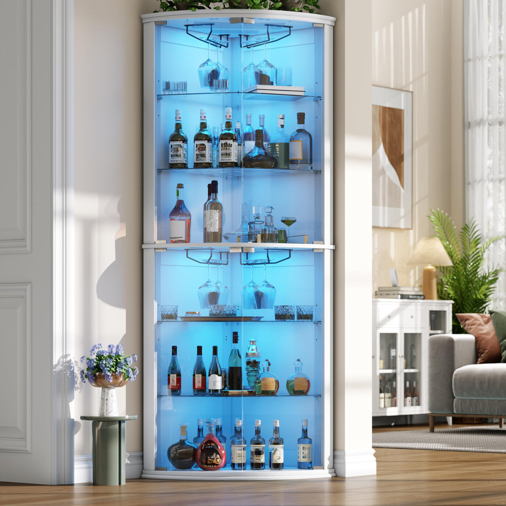 70" Corner Bar Cabinet with LED Lights, 6-Tier Modern Wine Cabinet