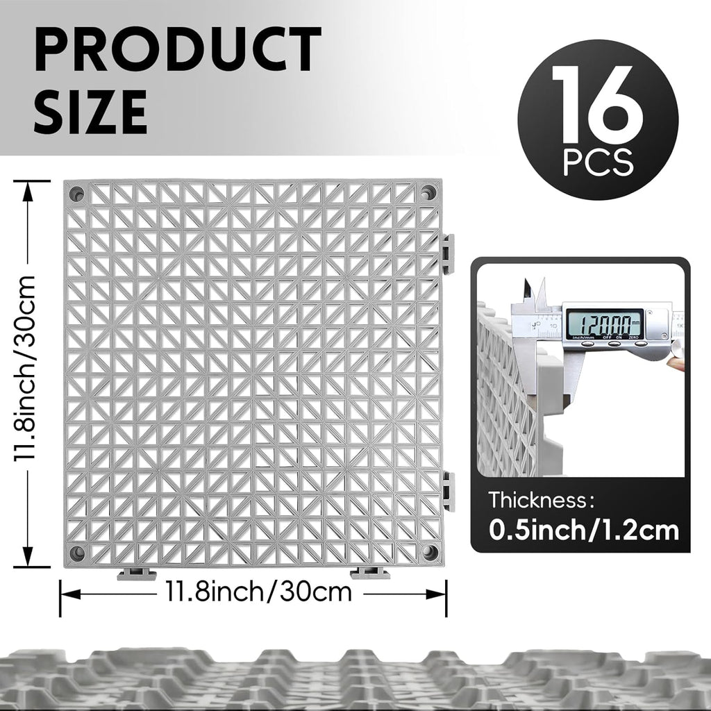 Modular Interlocking Cushion Drainage Floor Tiles, 16-Pack 11.8"x11.8" PVC Raised Non-Slip Interlocking Mats with Drain
