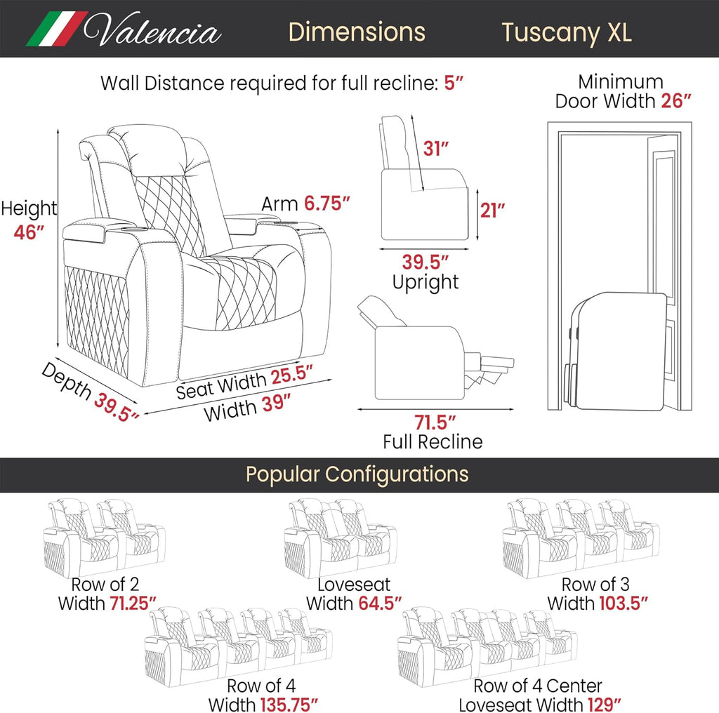 Tuscany XL Big & Tall Theater Seating - 400lb Capacity, Extra 26" Wide Power Recliner with Italian Leather