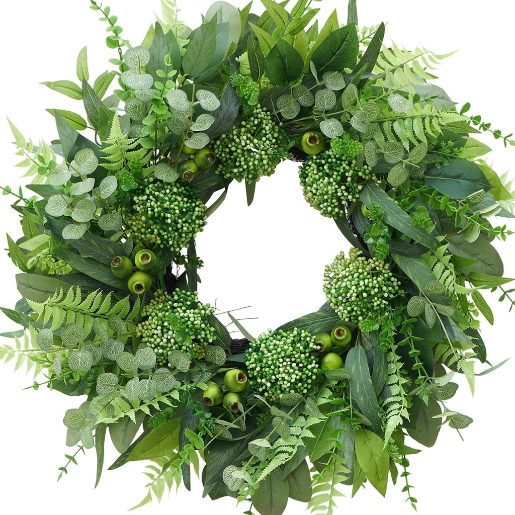 24 Inch Artificial Greenery Wreath for Front Door - Green Wreath with Eucalyptus and Fern Leaves, Spring Summer Fall