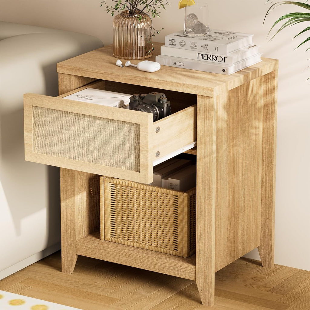 Boho Nightstands Set of 2, Farmhouse Night Stand Bedside Table with Drawer and Storage Shelf Rattan End Tables Side