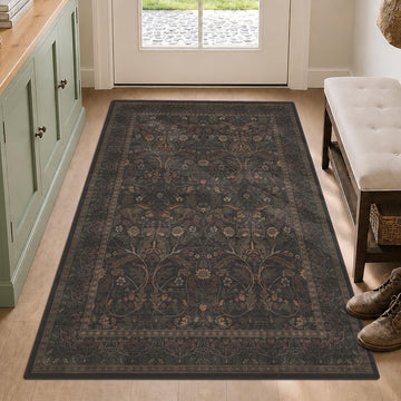 Rustic Brown Large Entry Way Area Rugs Indoor Washable - Non-Slip Low Pile Kitchen Floor Mats, Floral Botanical