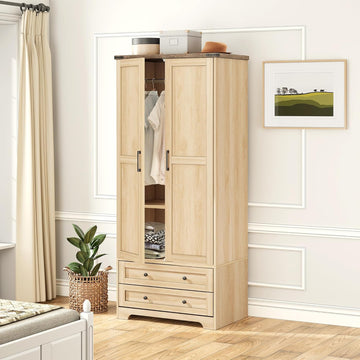 2 Doors Wooden Armoire Wardrobe Closet with 2 Drawers, Natural | 2 Modern Doors, Freestanding, with Drawers and